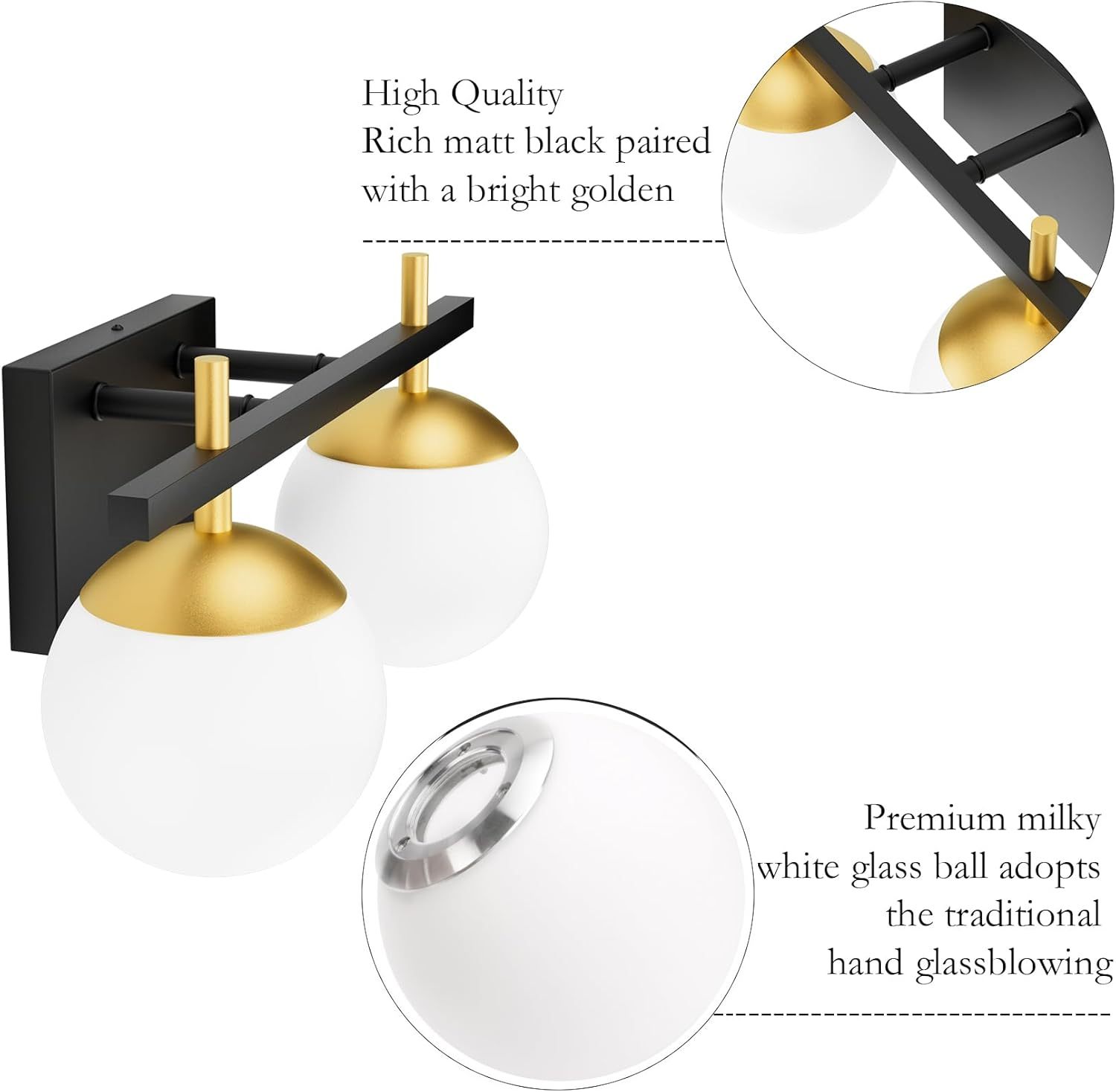2-Light Black Gold Bathroom Vanity Light Mid Century Modern Bathroom Light Fixture Black/Golden Milky Glass Ball Wall Light for Bathroom