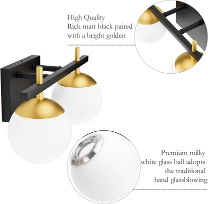 2-Light Black Gold Bathroom Vanity Light Mid Century Modern Bathroom Light Fixture Black/Golden Milky Glass Ball Wall Light for Bathroom