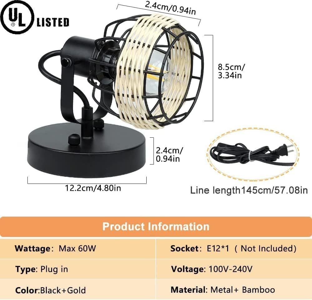 Rustic Cage Wall Spotlight Fixture, Adjustable Heads Wall Sconce, Wall Lamp with Plug in Cord and On/Off Switch E12 Base for Bedroom Bathroom Kitchen Stair Lighting