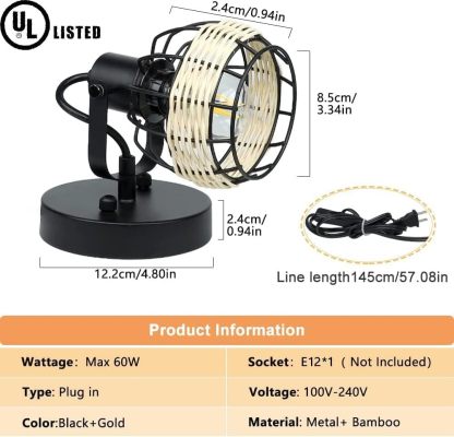 Rustic Cage Wall Spotlight Fixture, Adjustable Heads Wall Sconce, Wall Lamp with Plug in Cord and On/Off Switch E12 Base for Bedroom Bathroom Kitchen Stair Lighting