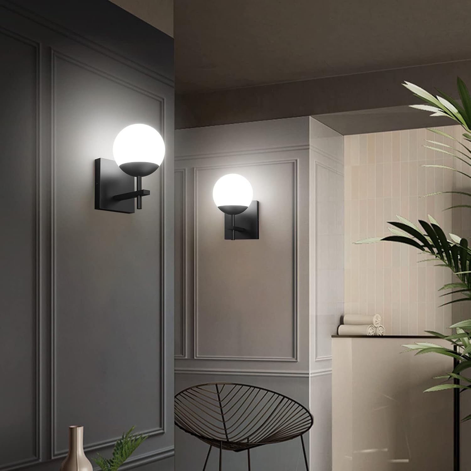 Matte Black Wall Sconce, Mid Century Modern Black Wall Light Fixtures Milky Glass Indoor Wall Lamp for Home Decor Bathroom Kitchen Living Room Vanity Hallway (Exclude Bulb)