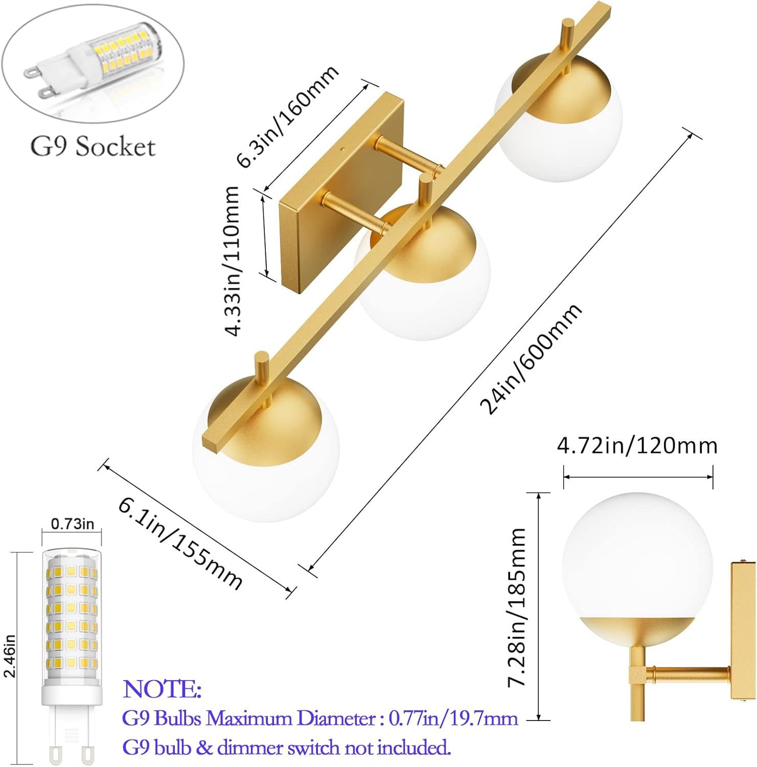 Mid Century Modern Gold Bathroom Light Fixtures 3-Light Gold Milky Glass Modern Bathroom Vanity Lights Over Mirror, Gold Wall Light for Bathroom (Exclude Bulb)