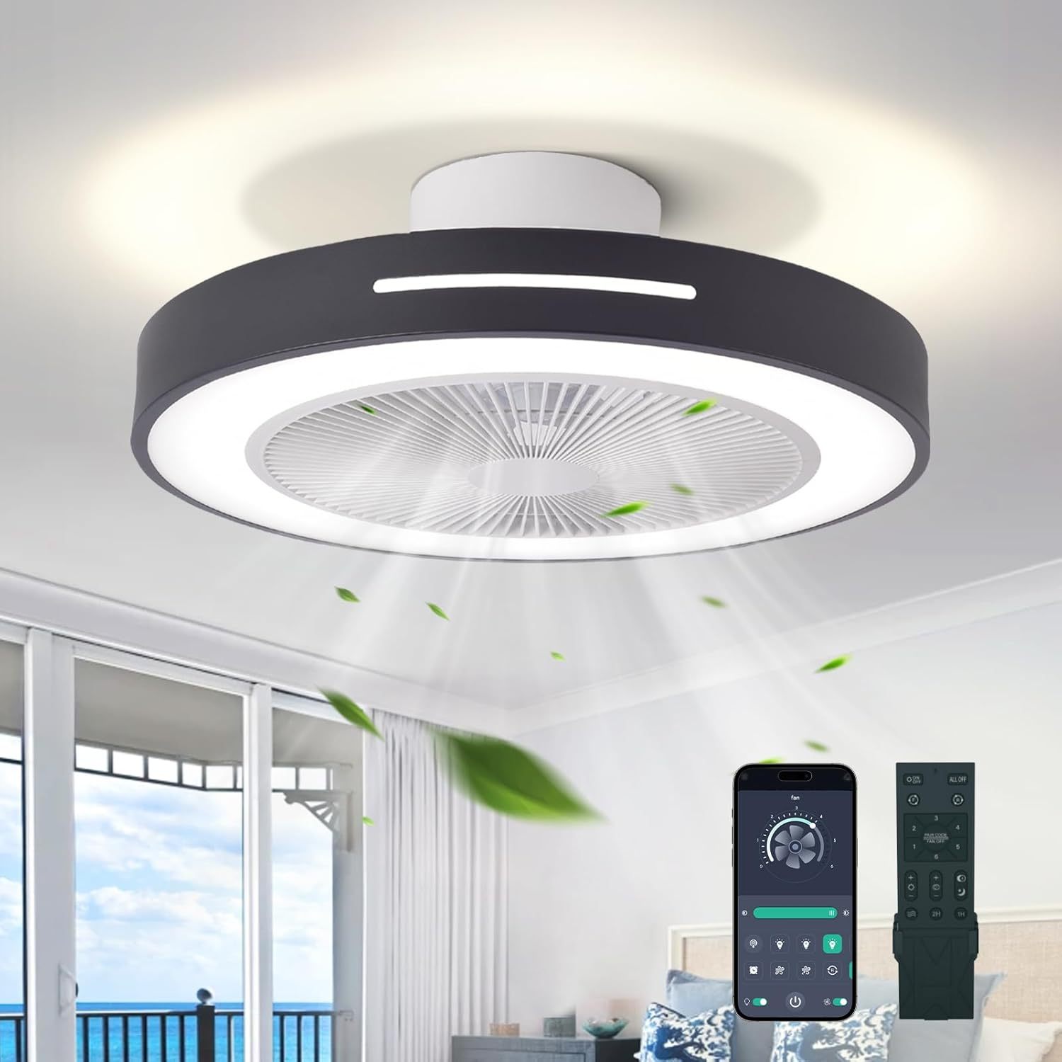 Ceiling Fan Mount for Bedroom: 20 Inch Bladeless Ceiling Fan with Led Light and Remote for Living Room Kitchen Dining Room