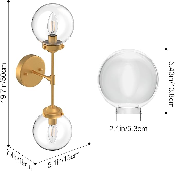 Rustic Gold Wall Sconces 2 Light Industrial Gold Wall Light Fixture Vintage Style Clear Glass Globe Gold Bathroom Light Fixtures (Exclude Bulb)