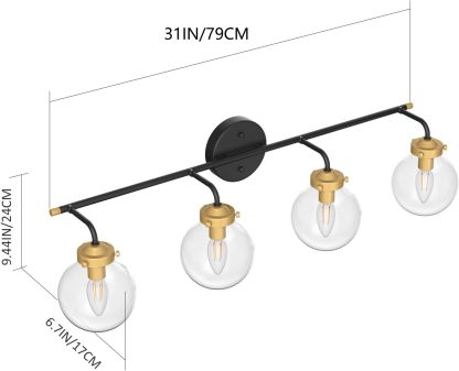 Rustic Industrial Wall Light Fixture 4-Light Clear Glass Vintage Bathroom Vanity Lights Over Mirror, Black/Golden Modern Vanity Light for Bathroom (Exclude Bulb)
