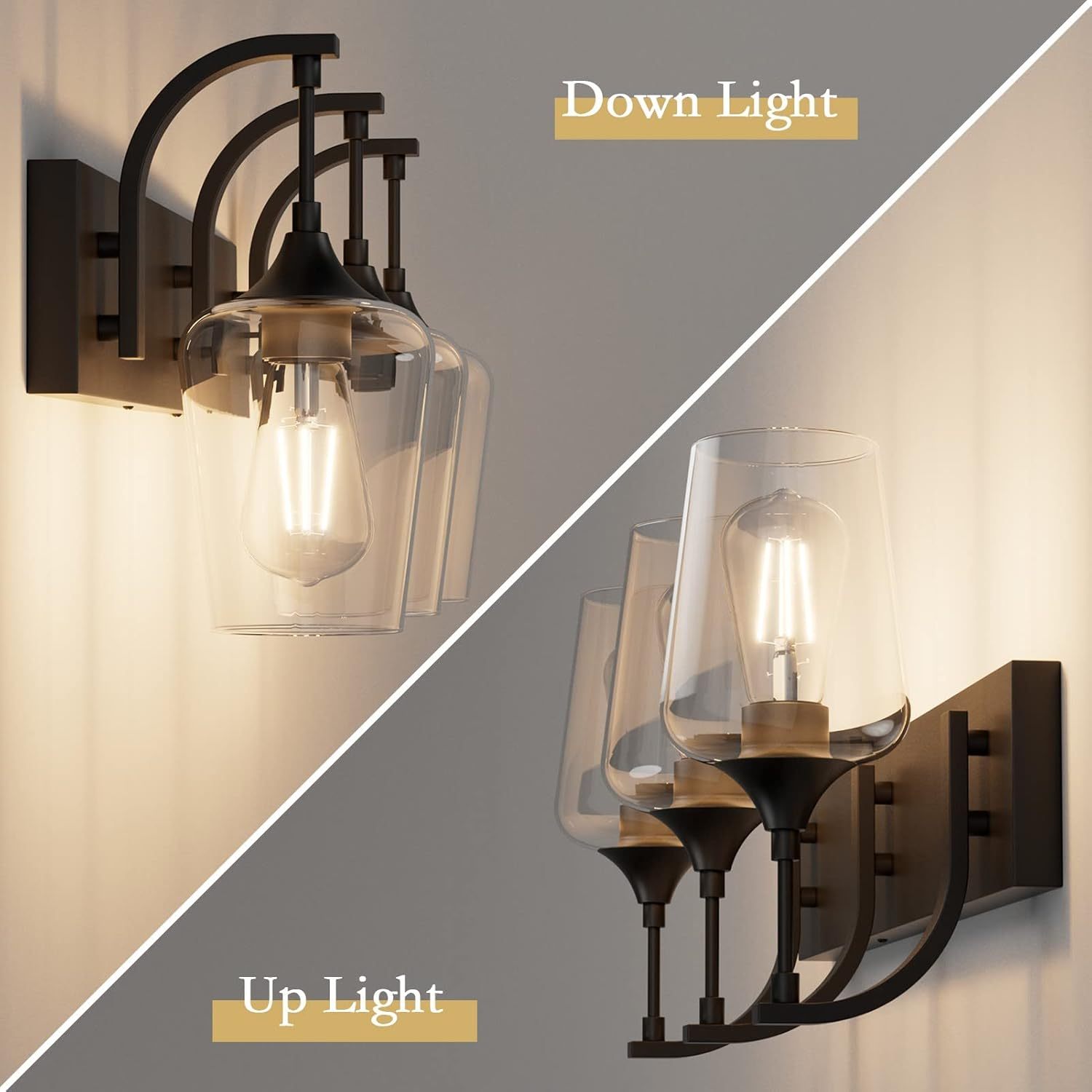 Matte Black Vanity Light Fixtures 3-Lights Industrial Black Bathroom Vanity Light with Clear Glass Vintage Edison Bathroom Wall Lighting Fixtures