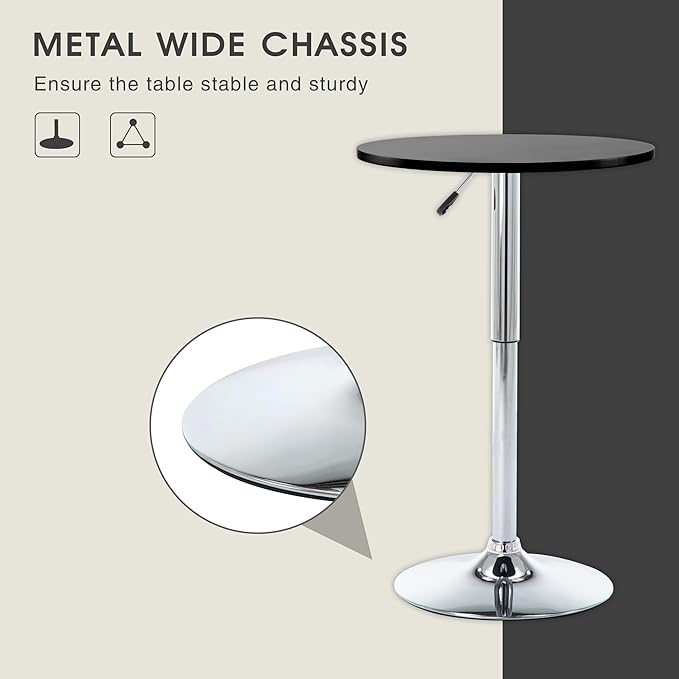 Round Pub Table, Height Adjustable Bar Table 25-35 inches, 360 Swivel Table Top, Black