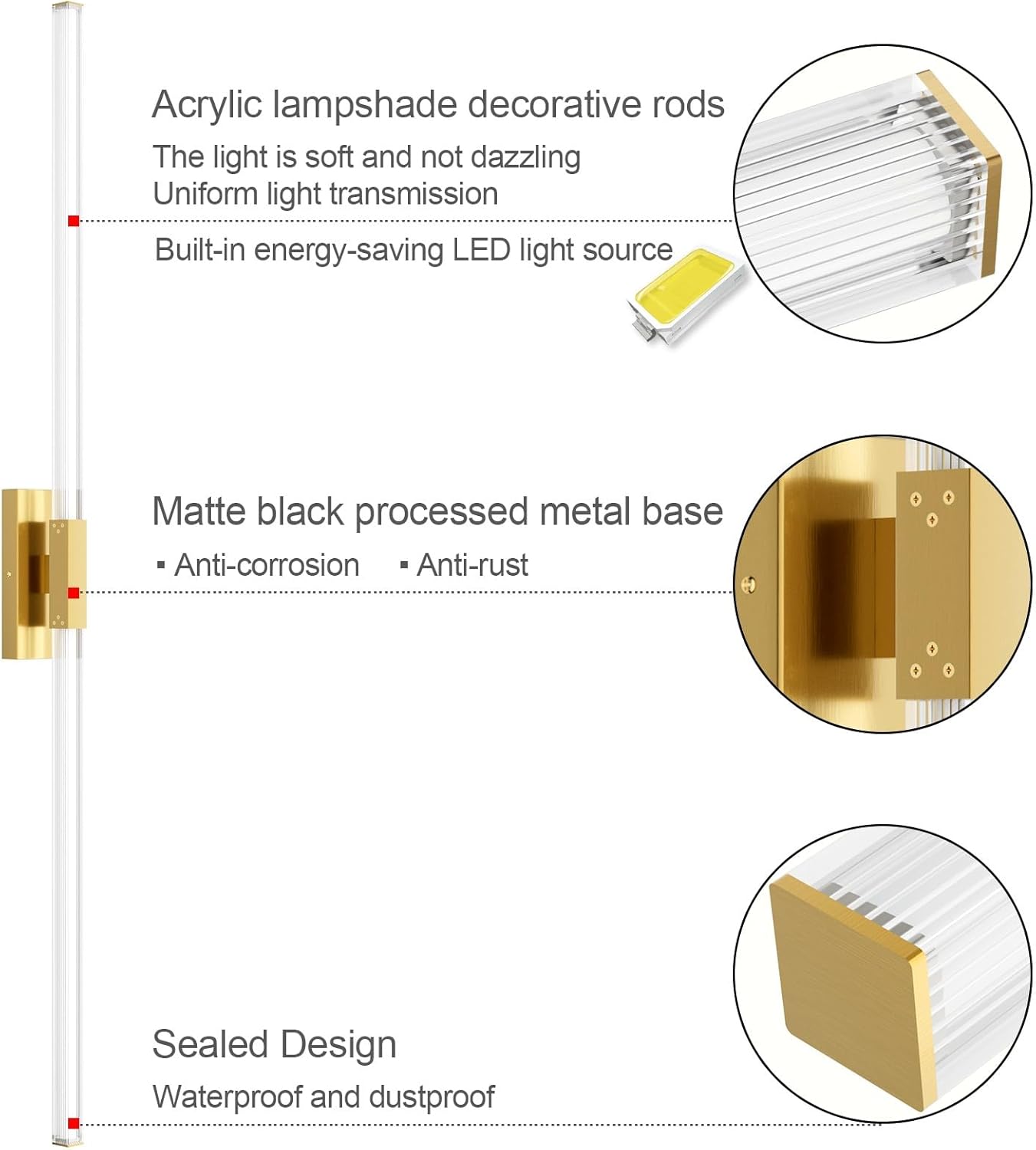 59inch Gold Vanity Light for Bathroom Lighting Bar 42W Gold Bathroom Wall Mounted Lighting Fixtures Over Long Mirror(5500K White Light)