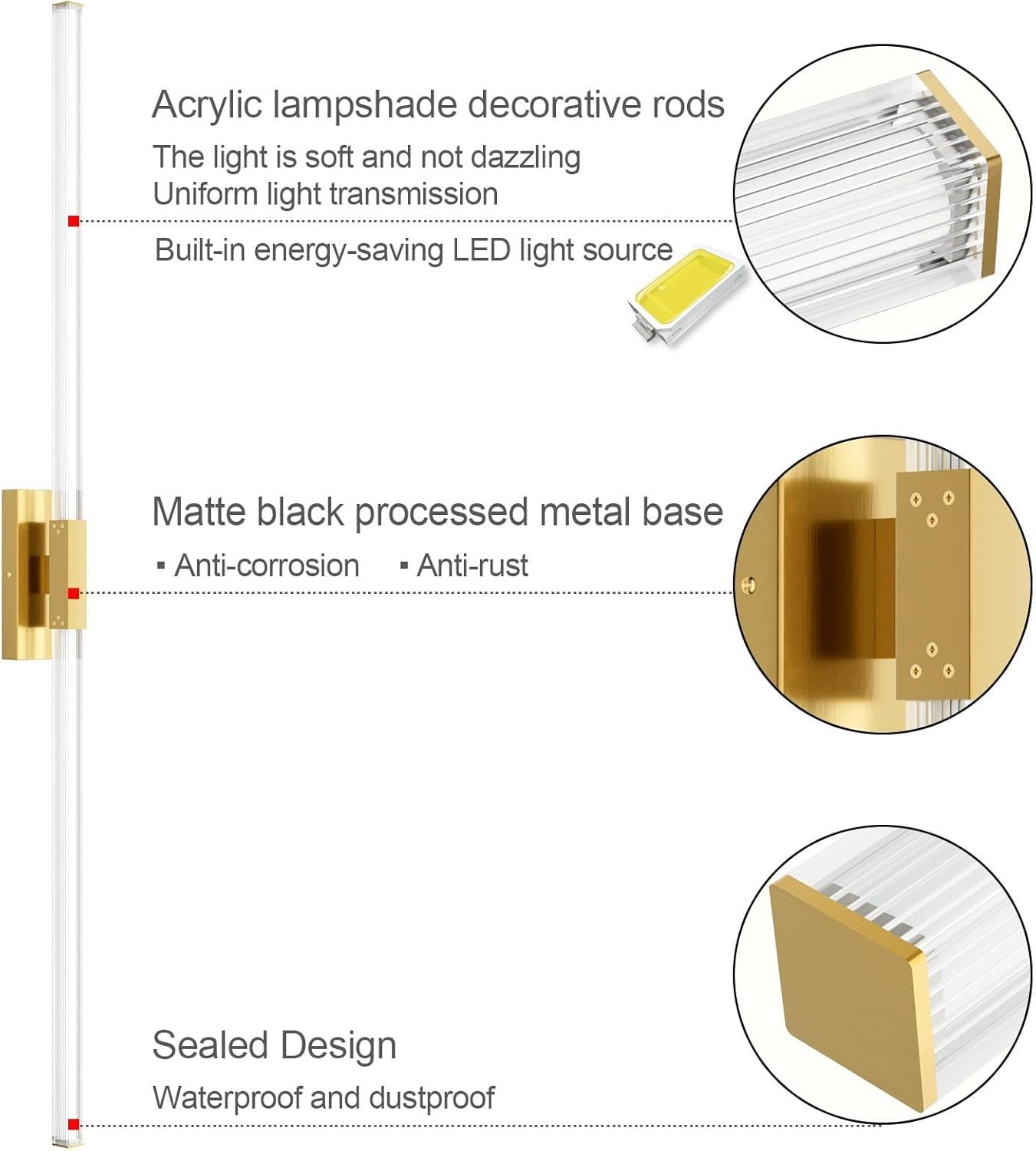 59inch Gold Vanity Light for Bathroom Lighting Bar 42W Gold Bathroom Wall Mounted Lighting Fixtures Over Long Mirror(5500K White Light)