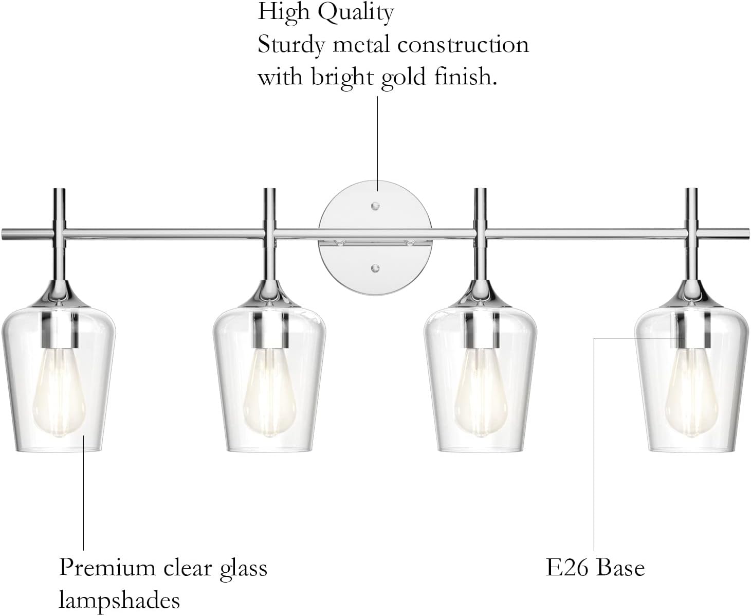 Chrome Bathoom Vanity Light 4 Light Industrial Farmhouse Chrome Bathroom Light Fixtures Over Mirror Clear Glass Chrome Vanity Light for Bathroom Wall Lighting Fixtures Over Mirror