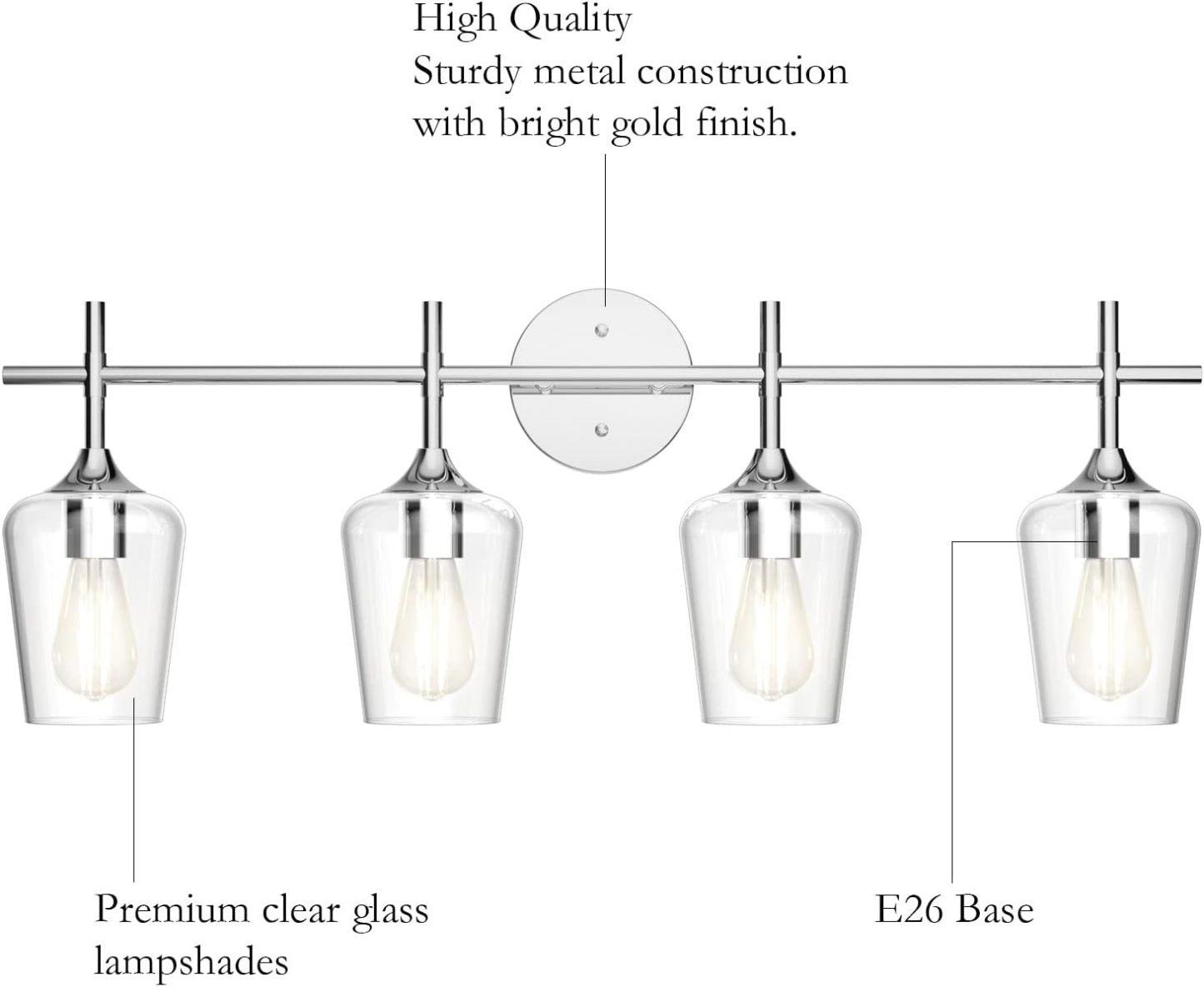 Chrome Bathoom Vanity Light 4 Light Industrial Farmhouse Chrome Bathroom Light Fixtures Over Mirror Clear Glass Chrome Vanity Light for Bathroom Wall Lighting Fixtures Over Mirror