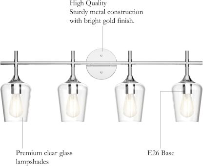 Chrome Bathoom Vanity Light 4 Light Industrial Farmhouse Chrome Bathroom Light Fixtures Over Mirror Clear Glass Chrome Vanity Light for Bathroom Wall Lighting Fixtures Over Mirror