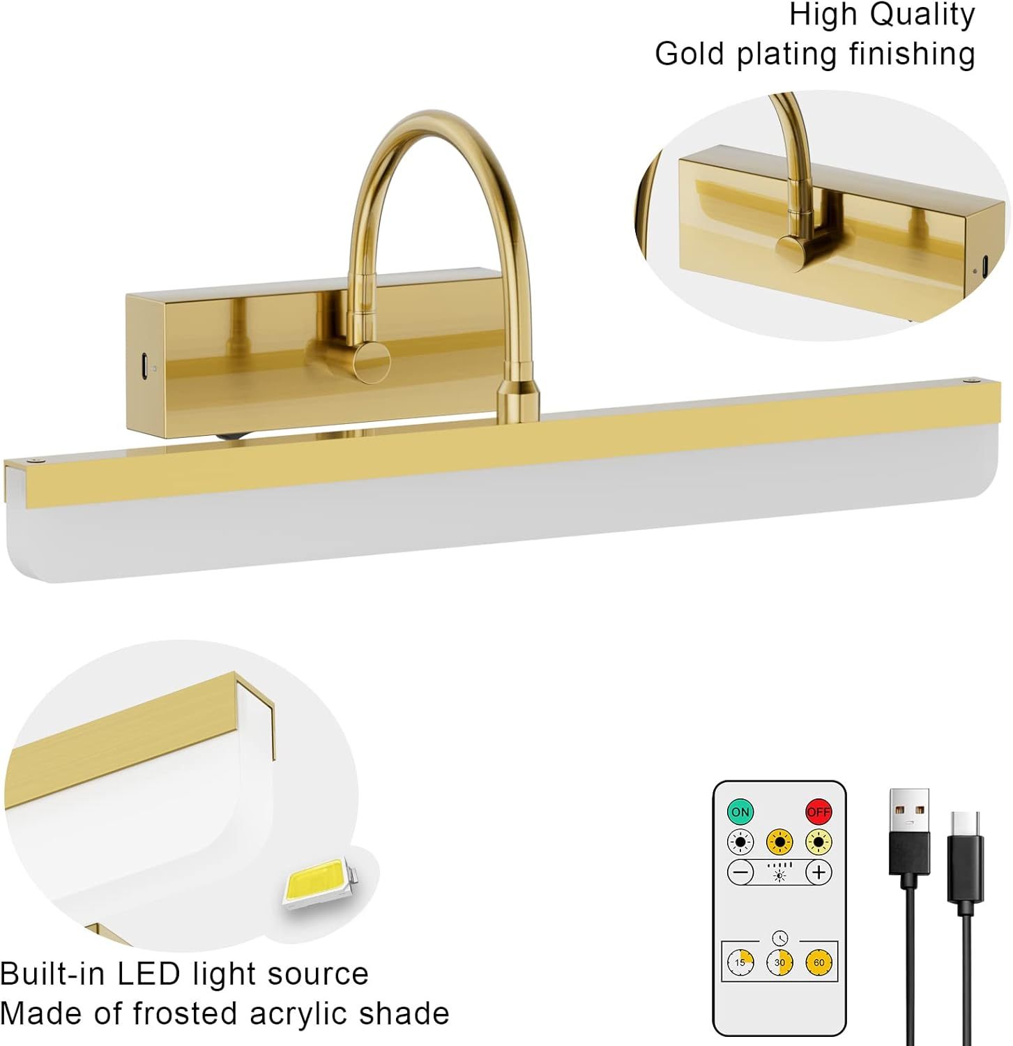 Battery Operated Picture Light Gold Modern LED Dimmable Picture Light with Remote Control Painting Light, 3 Lighting Modes, Rechargeable Battery Pictures Light with Timer
