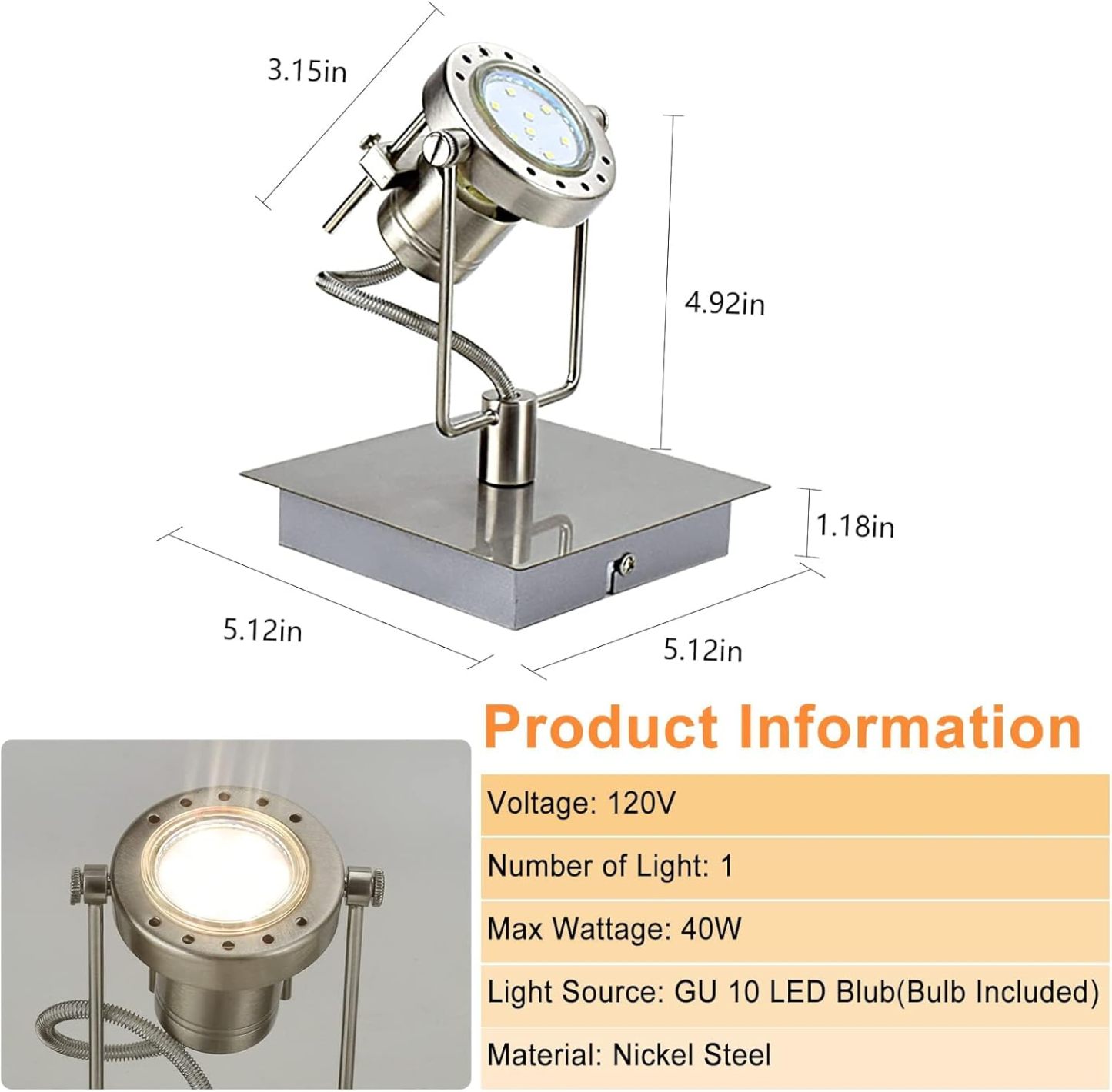 Led Ceiling Spotlight, Adjustable Wall Mount Lamp, Plug-in Track Light Kit Lighting for Bedside, Headboard Picture