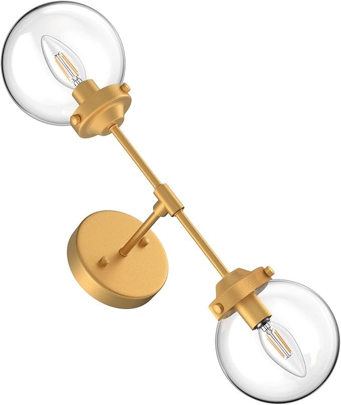 Rustic Gold Wall Sconces 2 Light Industrial Gold Wall Light Fixture Vintage Style Clear Glass Globe Gold Bathroom Light Fixtures (Exclude Bulb)
