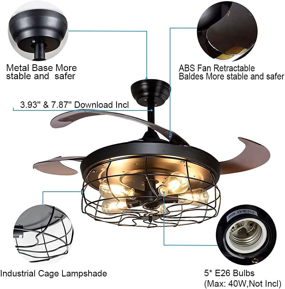 Ceiling Fan with Lights-42 Industrial Ceiling Fan with Retractable Blades, Vintage Cage Ceiling Light Fixture with Remote