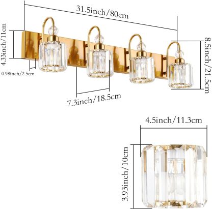 Brass Gold Vanity Lights for Bathroom 4-Lights Brass Gold Crystal Bathroom Vanity Lights Over Mirror Modern Crystal Bathroom Wall Lighting Fixtures