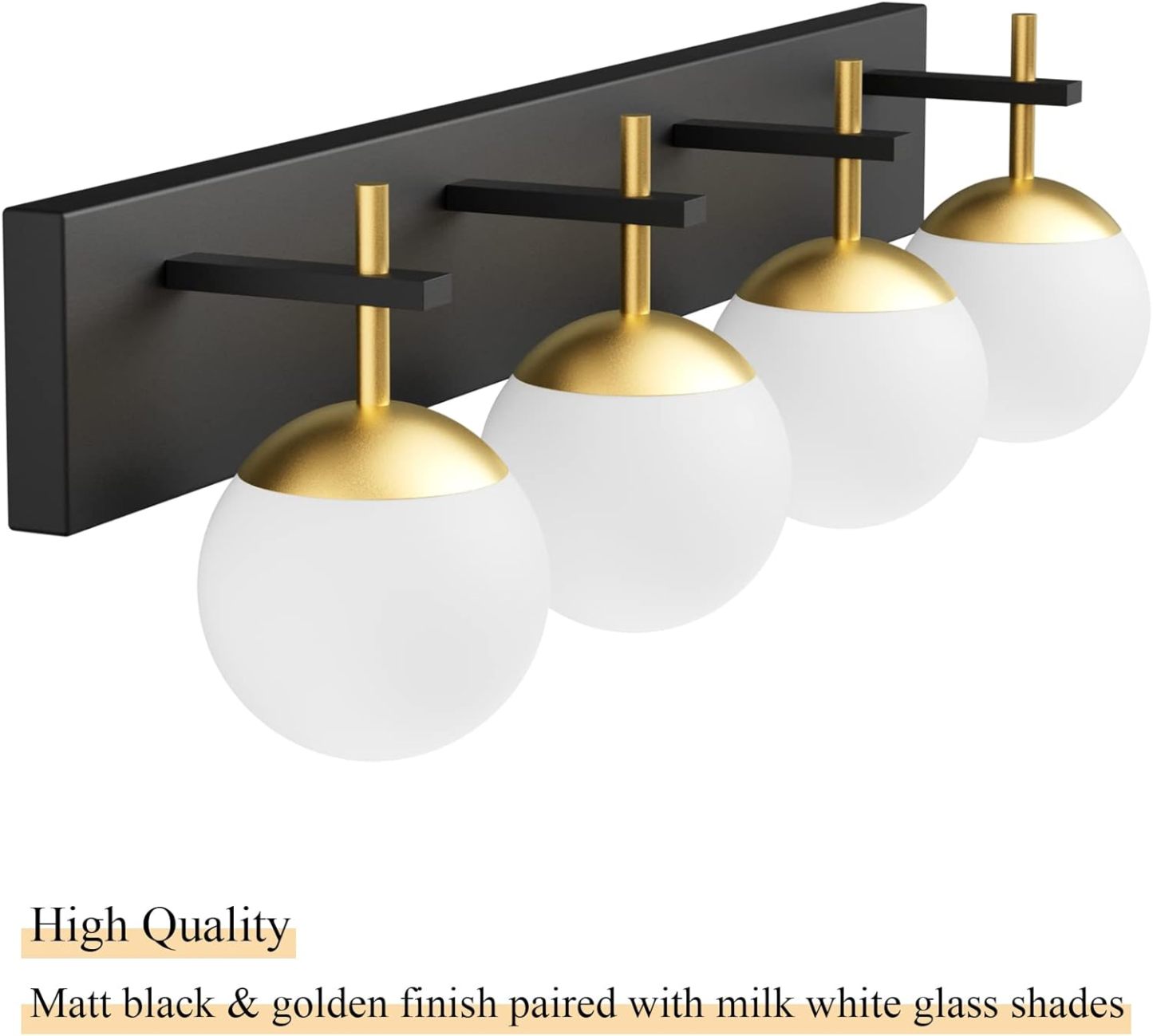 Mid Century Modern Vanity Lights for Bathroom 4-Light Milky Glass Globe Modern Bathroom Vanity Lights Over Mirror, Black/Golden Bathroom Wall Light Fixture (Exclude Bulb)