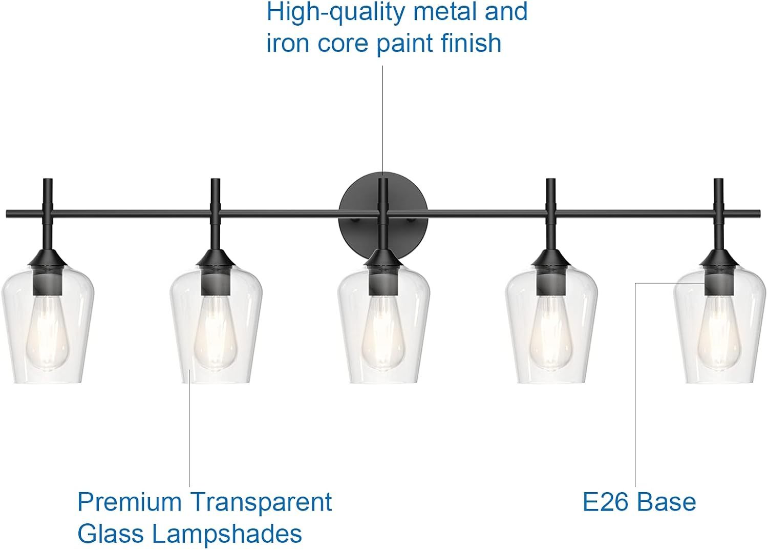 Vintage Black Bathroom Vanity Light 5-Lights Industrial Matte Black Finish with Clear Glass Vanity Lights Farmhouse Bathroom Lighting fixtures