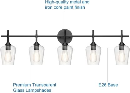 Vintage Black Bathroom Vanity Light 5-Lights Industrial Matte Black Finish with Clear Glass Vanity Lights Farmhouse Bathroom Lighting fixtures