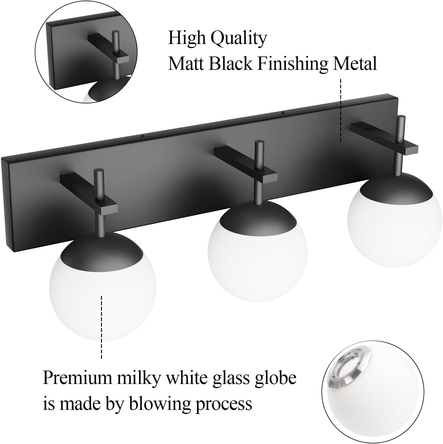 Matte Black Bathroom Vanity Light 3-Light Mid Century Modern Black Bathroom Lights Fixtures Milky Glass Globe Matte Black Bathroom Wall Light Fixture (Exclude Bulb)