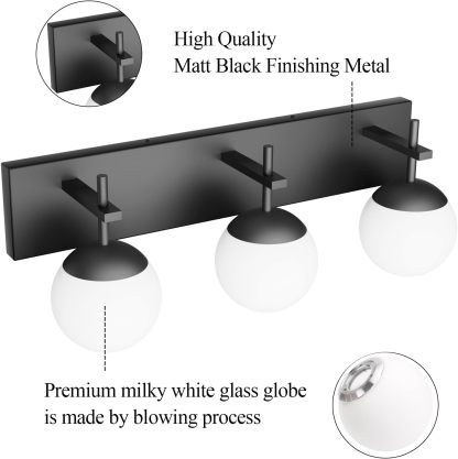 Matte Black Bathroom Vanity Light 3-Light Mid Century Modern Black Bathroom Lights Fixtures Milky Glass Globe Matte Black Bathroom Wall Light Fixture (Exclude Bulb)
