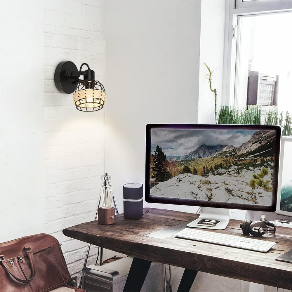 Rustic Cage Wall Spotlight Fixture, Adjustable Heads Wall Sconce, Wall Lamp with Plug in Cord and On/Off Switch E12 Base for Bedroom Bathroom Kitchen Stair Lighting