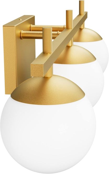 Mid Century Modern Gold Bathroom Light Fixtures 3-Light Gold Milky Glass Modern Bathroom Vanity Lights Over Mirror, Gold Wall Light for Bathroom (Exclude Bulb)