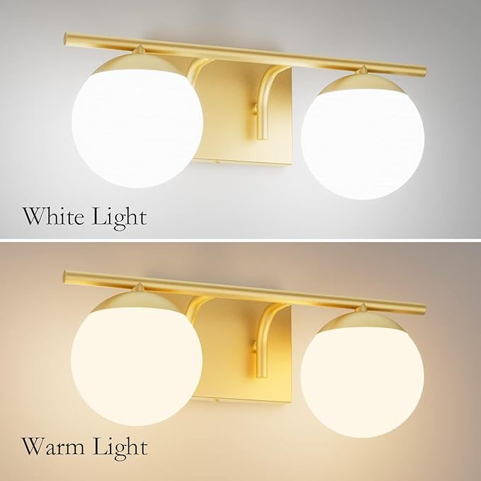 Gold Bathroom Vanity Light 2-Light Mid Century Modern Bathroom Vanity Light Fixtures Gold Milky Glass Globe Bathroom Wall Light