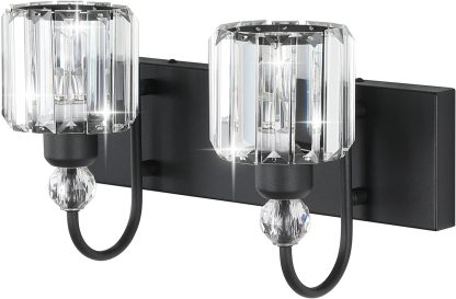 Black Vanity Light 2-Lights Modern Crystal Vanity Lights for Bathroom Matte Black Crystal Wall Light Fixtures Modern Black Crystal Bathroom Light Fixtures