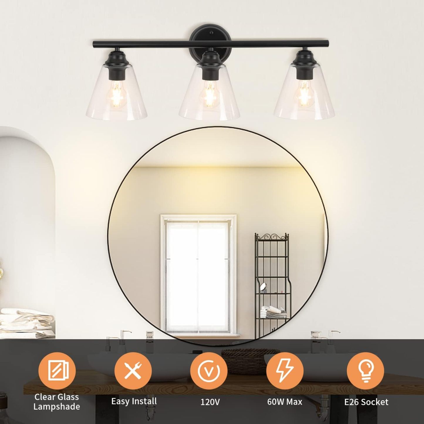 Bathroom Vanity Wall Light Over Mirror: 3-Light 3 Lights Wall Sconces Lamp with Glass Shade