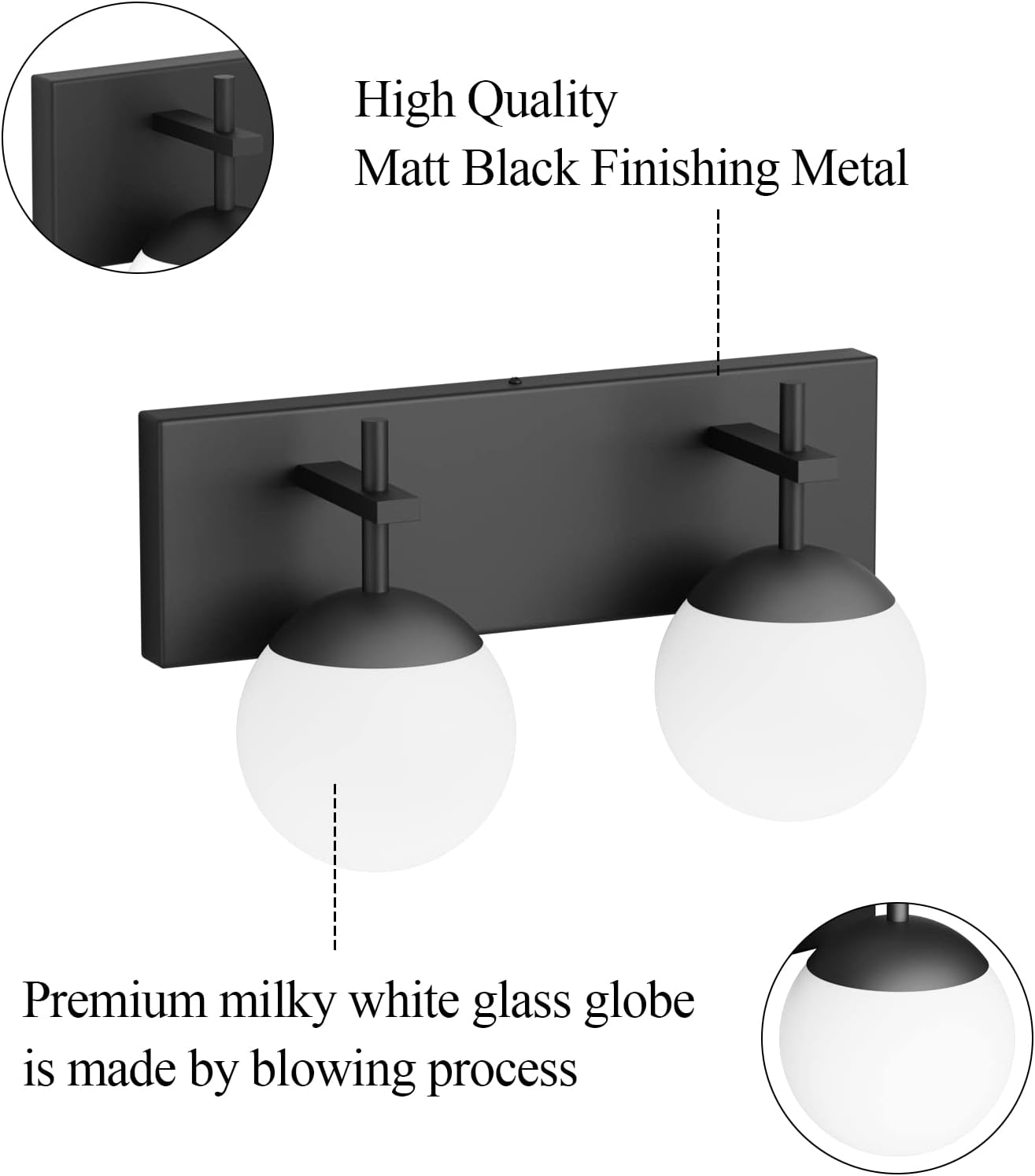 Matte Black Bathroom Wall Light Fitures 2-Light Mid Century Modern Bathroom Lighting Black Milky Glass Globe Vanity Light for Bathroom