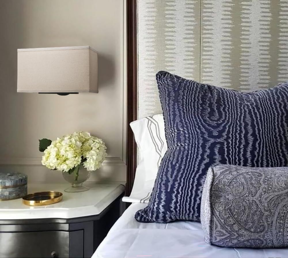 Linen Boho Wall Sconce Stairwell Fixture Light, 2-Light Indoor Hardwired Vanity Dual Vintage Industrial Bedside Sconce Wall Mount Lighting Square Fabric Shade