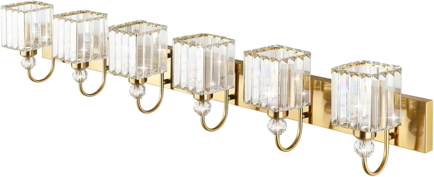 Modern Gold Vanity Lights for Bathroom 6-Lights Gold Crystal Bathroom Vanity Lights Over Long Mirror Modern Gold Crystal Bathroom Lighting Fixtures