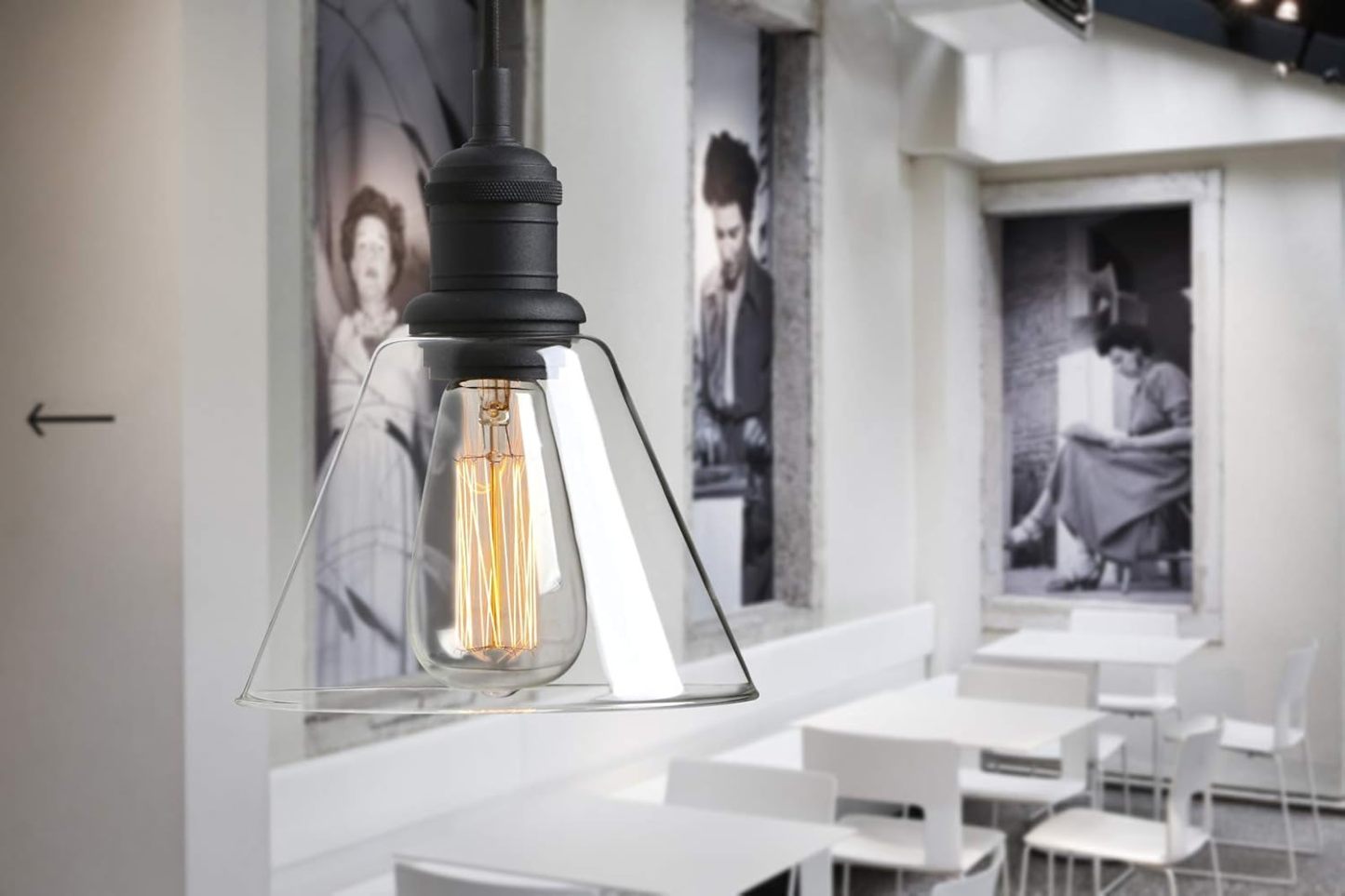 1-Light Vintage Edison Hanging Pendant Light, Mini Semi Flush Mount Light Fixture Funnel Flared Clear Glass Shade for Kitchen Bathroom Porch Living Room Dinning Room Hotels Bar Island(Black)