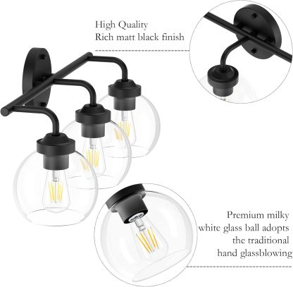 Matte Black Vanity Lights 3-Light, Clear Glass Vintage Bathroom Vanity Lights Metal Black Bathroom Vanity Light Fixture