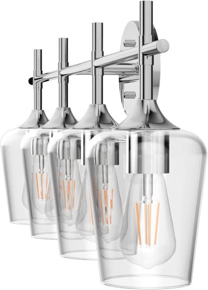 Chrome Bathoom Vanity Light 4 Light Industrial Farmhouse Chrome Bathroom Light Fixtures Over Mirror Clear Glass Chrome Vanity Light for Bathroom Wall Lighting Fixtures Over Mirror