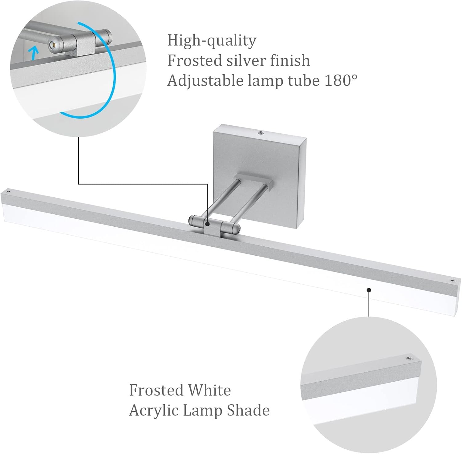 24" LED Modern Silver Vanity Light 14W Adjustable Vanity Light for Bathroom Silver Modern LED Bathroom Vanity Light Fixtures Over Mirror (6000K Cool White Light)