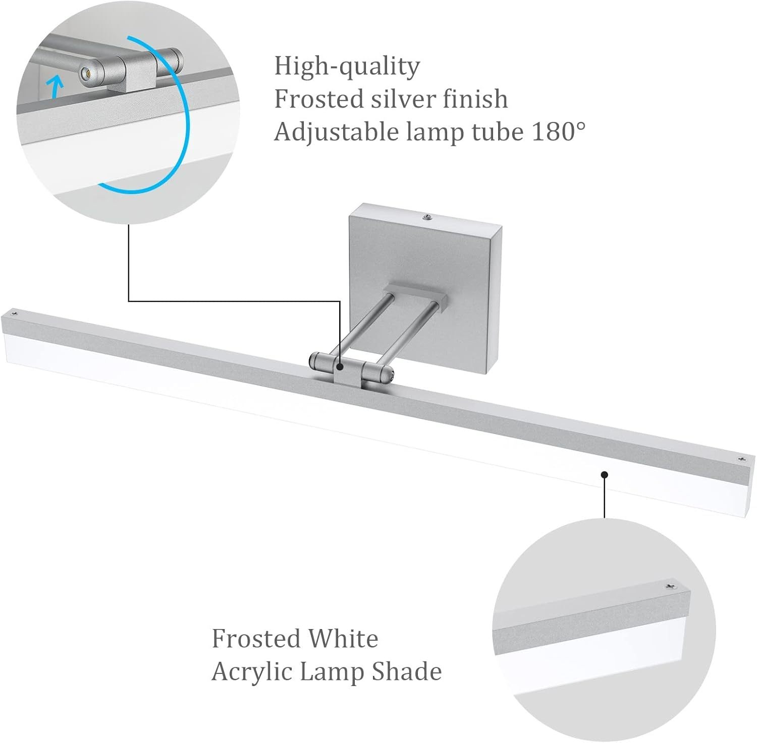 24" LED Modern Silver Vanity Light 14W Adjustable Vanity Light for Bathroom Silver Modern LED Bathroom Vanity Light Fixtures Over Mirror (6000K Cool White Light)