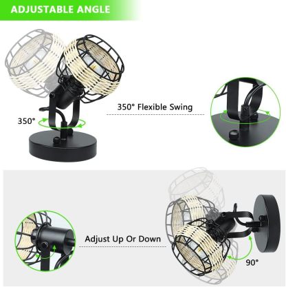 Rustic Cage Wall Spotlight Fixture, Adjustable Heads Wall Sconce, Wall Lamp with Plug in Cord and On/Off Switch E12 Base for Bedroom Bathroom Kitchen Stair Lighting