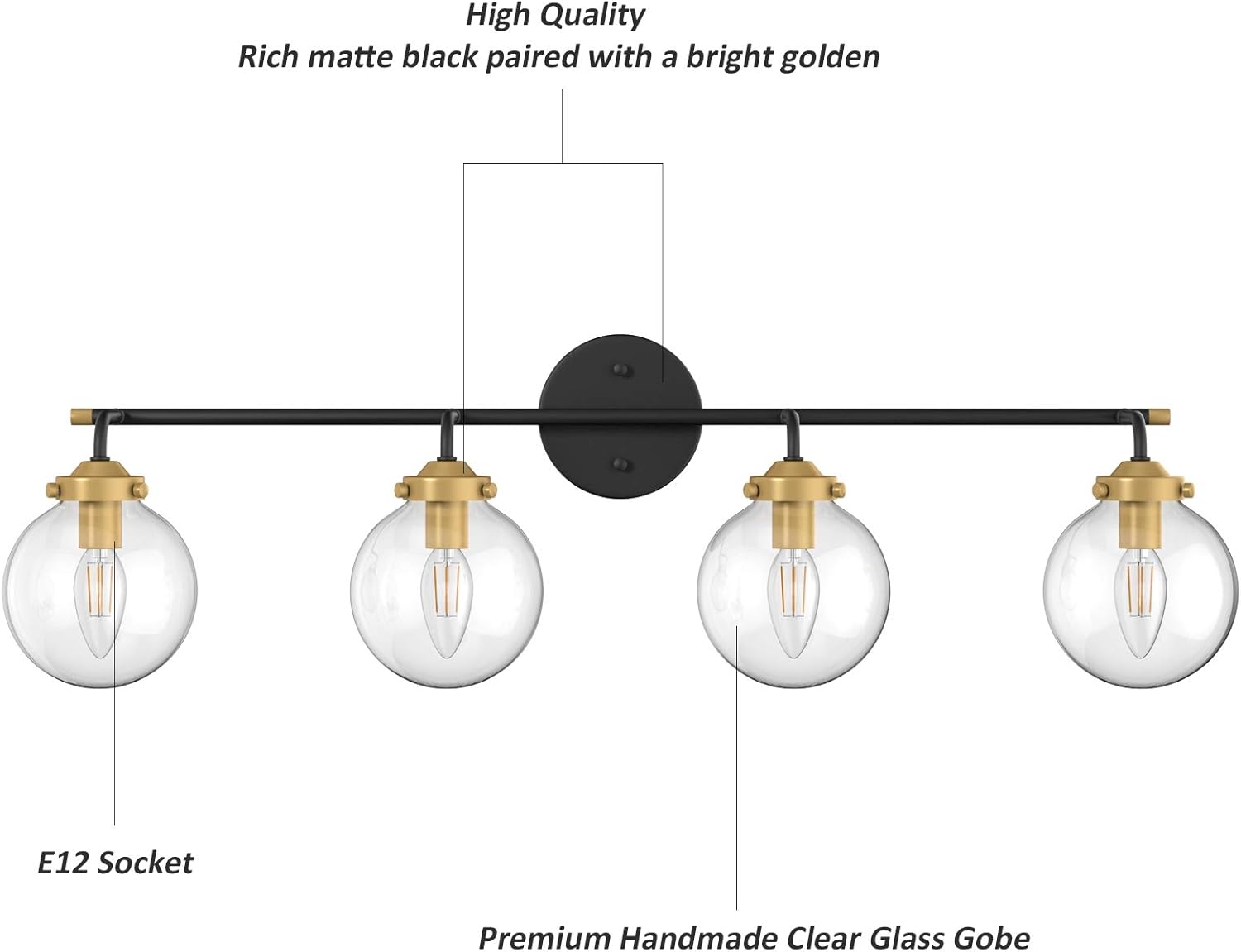 Rustic Industrial Wall Light Fixture 4-Light Clear Glass Vintage Bathroom Vanity Lights Over Mirror, Black/Golden Modern Vanity Light for Bathroom (Exclude Bulb)