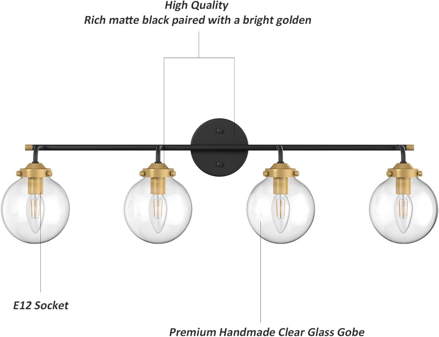 Rustic Industrial Wall Light Fixture 4-Light Clear Glass Vintage Bathroom Vanity Lights Over Mirror, Black/Golden Modern Vanity Light for Bathroom (Exclude Bulb)