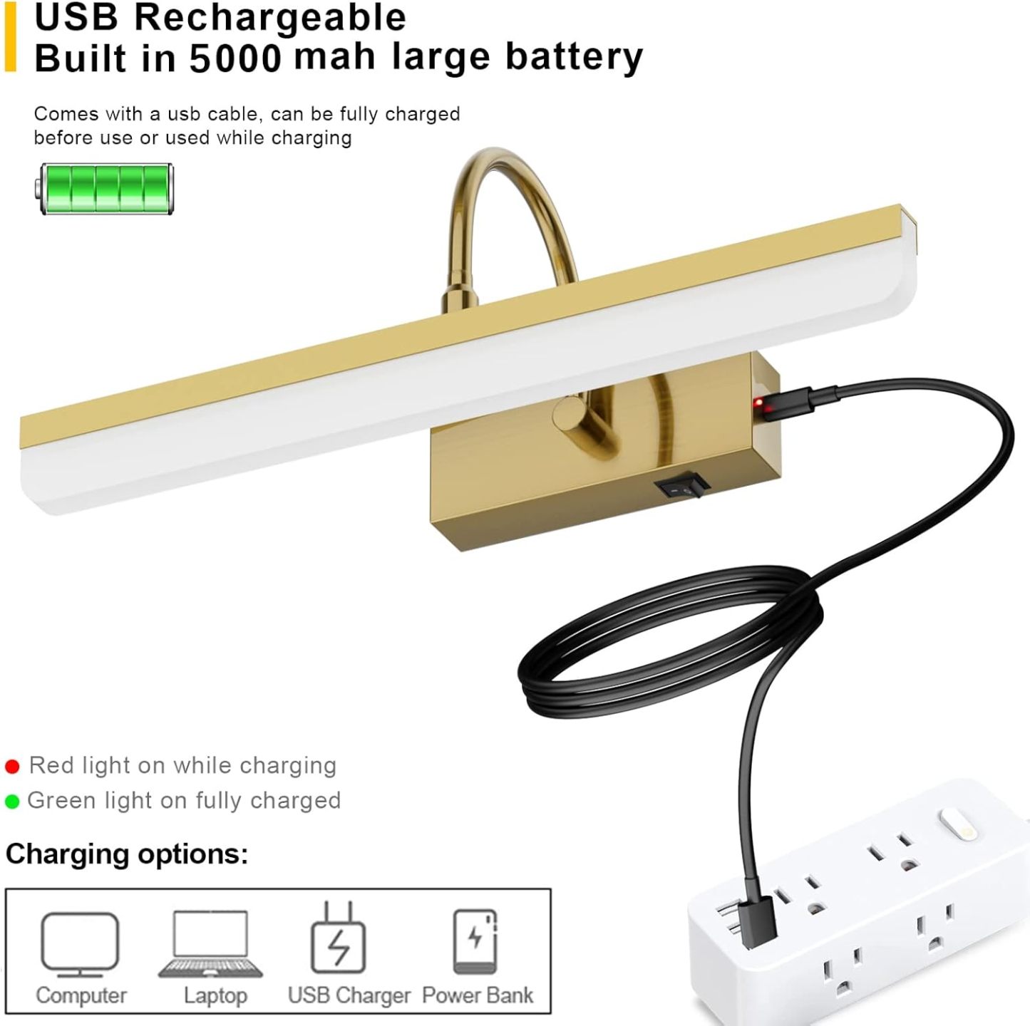 Battery Operated Picture Light Gold Modern LED Dimmable Picture Light with Remote Control Painting Light, 3 Lighting Modes, Rechargeable Battery Pictures Light with Timer