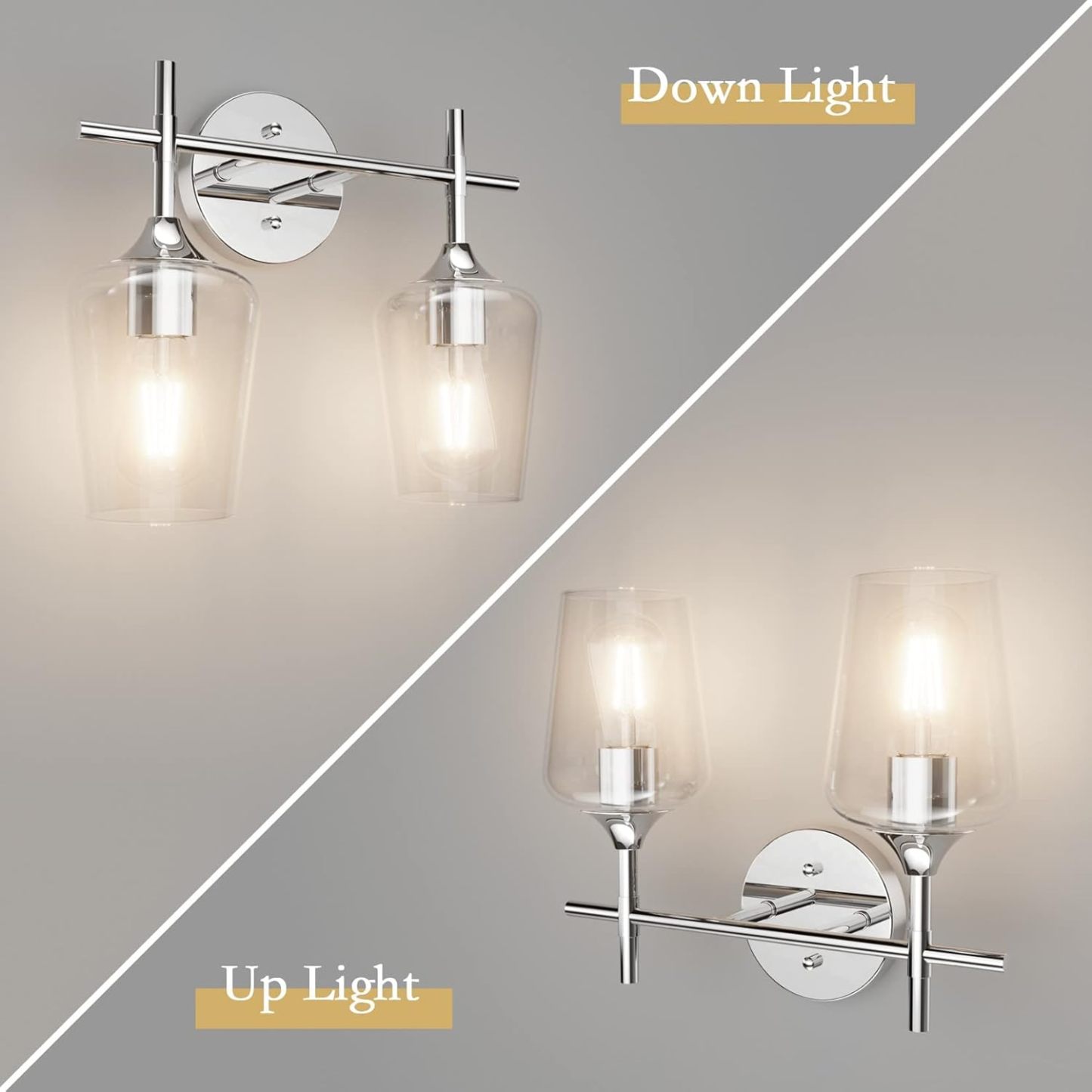 Chrome Bathroom Light Fixtures 2-Lights with Clear Glass Modern Wall Mount Lighting Industrial Farmhouse Bathroom Vanity Lights Wall Sconce Chrome