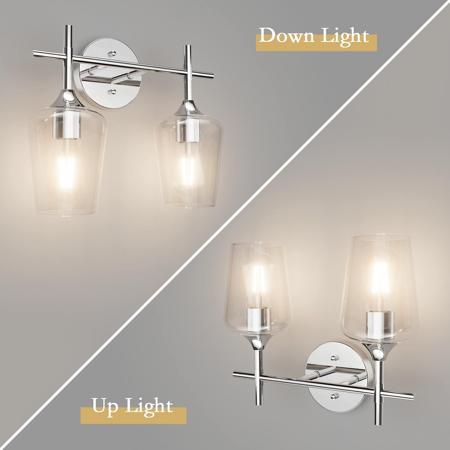 Chrome Bathroom Light Fixtures 2-Lights with Clear Glass Modern Wall Mount Lighting Industrial Farmhouse Bathroom Vanity Lights Wall Sconce Chrome
