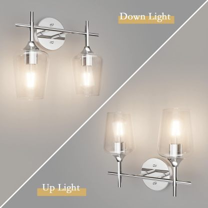 Chrome Bathroom Light Fixtures 2-Lights with Clear Glass Modern Wall Mount Lighting Industrial Farmhouse Bathroom Vanity Lights Wall Sconce Chrome