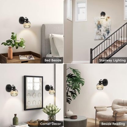Rustic Cage Wall Spotlight Fixture, Adjustable Heads Wall Sconce, Wall Lamp with Plug in Cord and On/Off Switch E12 Base for Bedroom Bathroom Kitchen Stair Lighting