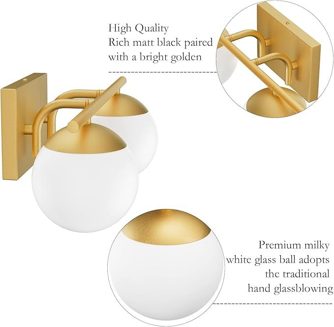 Gold Bathroom Vanity Light 2-Light Mid Century Modern Bathroom Vanity Light Fixtures Gold Milky Glass Globe Bathroom Wall Light