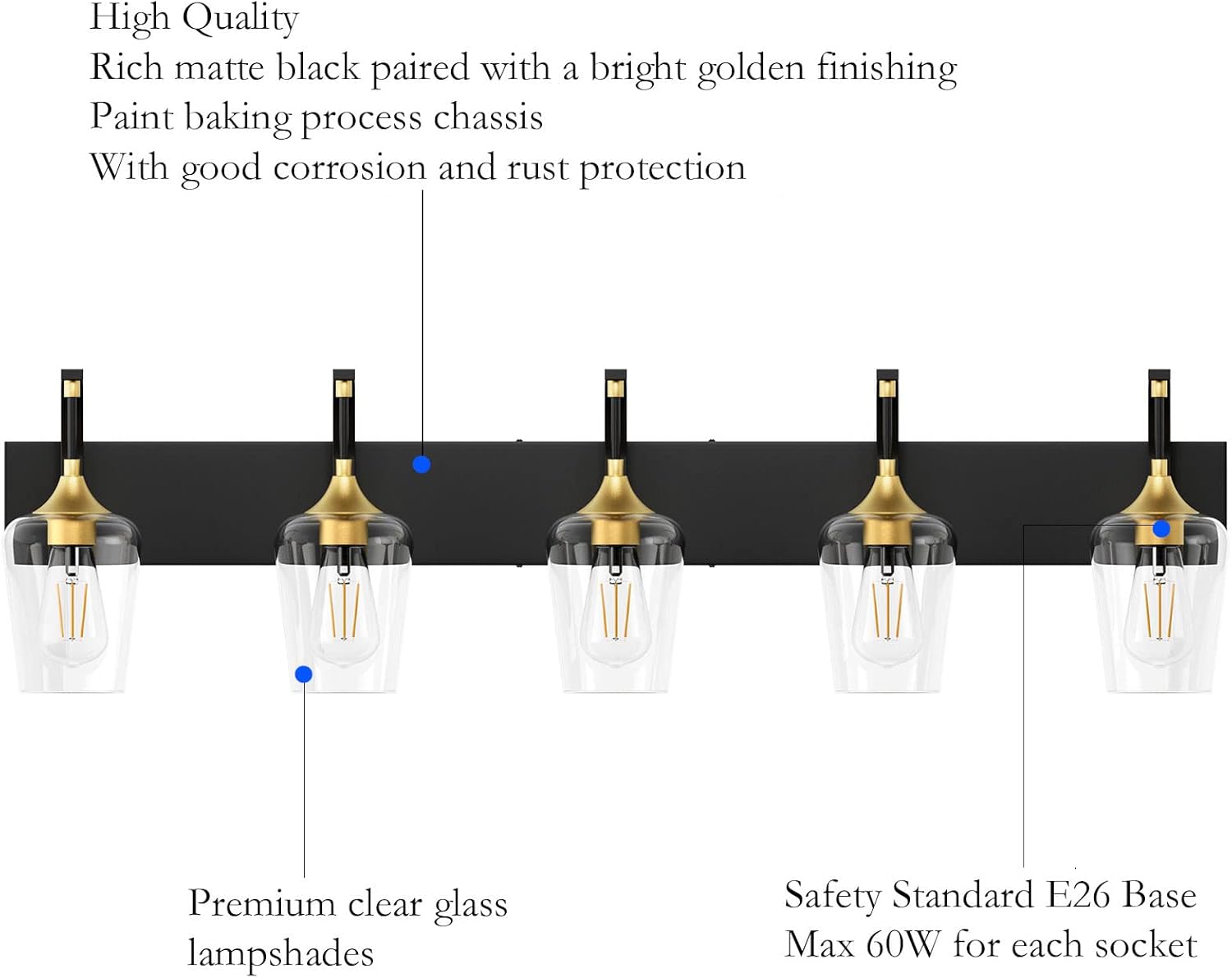Black/Gold Bathroom Light Fixtures 5-Lights Industrial Black Vanity Lights Clear Glass Vintage Edison Black Wall Mount Light Fixture for Bathroom
