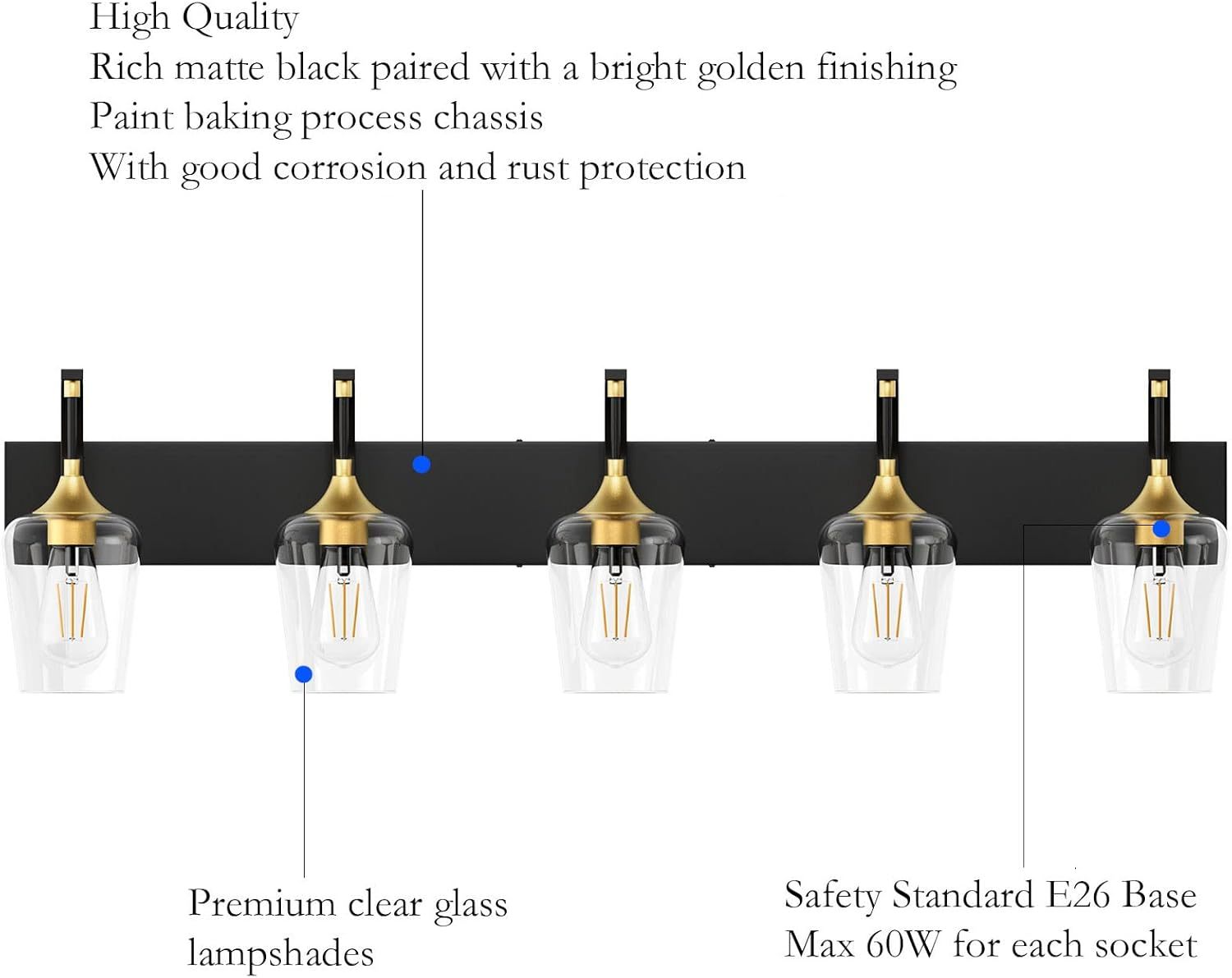 Black/Gold Bathroom Light Fixtures 5-Lights Industrial Black Vanity Lights Clear Glass Vintage Edison Black Wall Mount Light Fixture for Bathroom